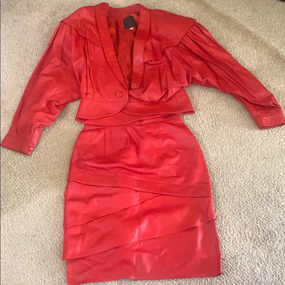 Leather Vintage Red Jacket and Skirt Set
